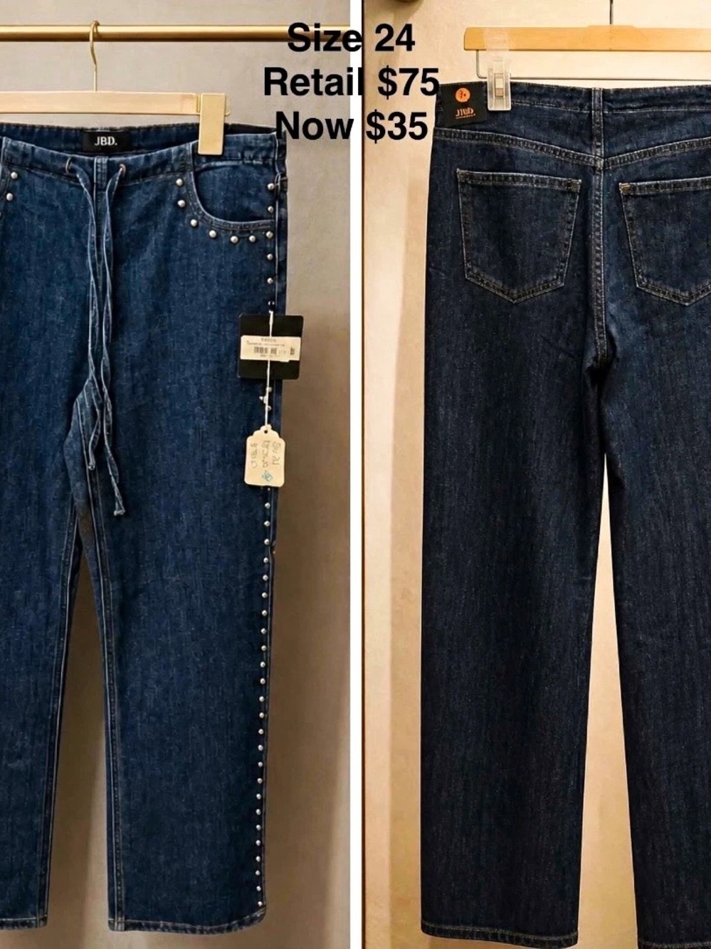 JBD Women’s Blue Dark Wash Studded Straight Leg Mid Rise Drawstring 5-Pocket 24